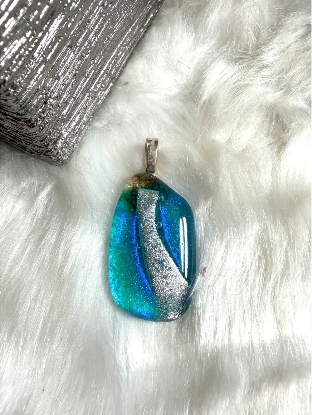 Handmade Dichroic Blue and Silver Glass Pendant